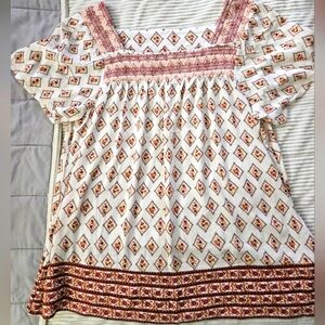 Nurture Bohemian White and Red/Brown  Patterned Women's Top Size M